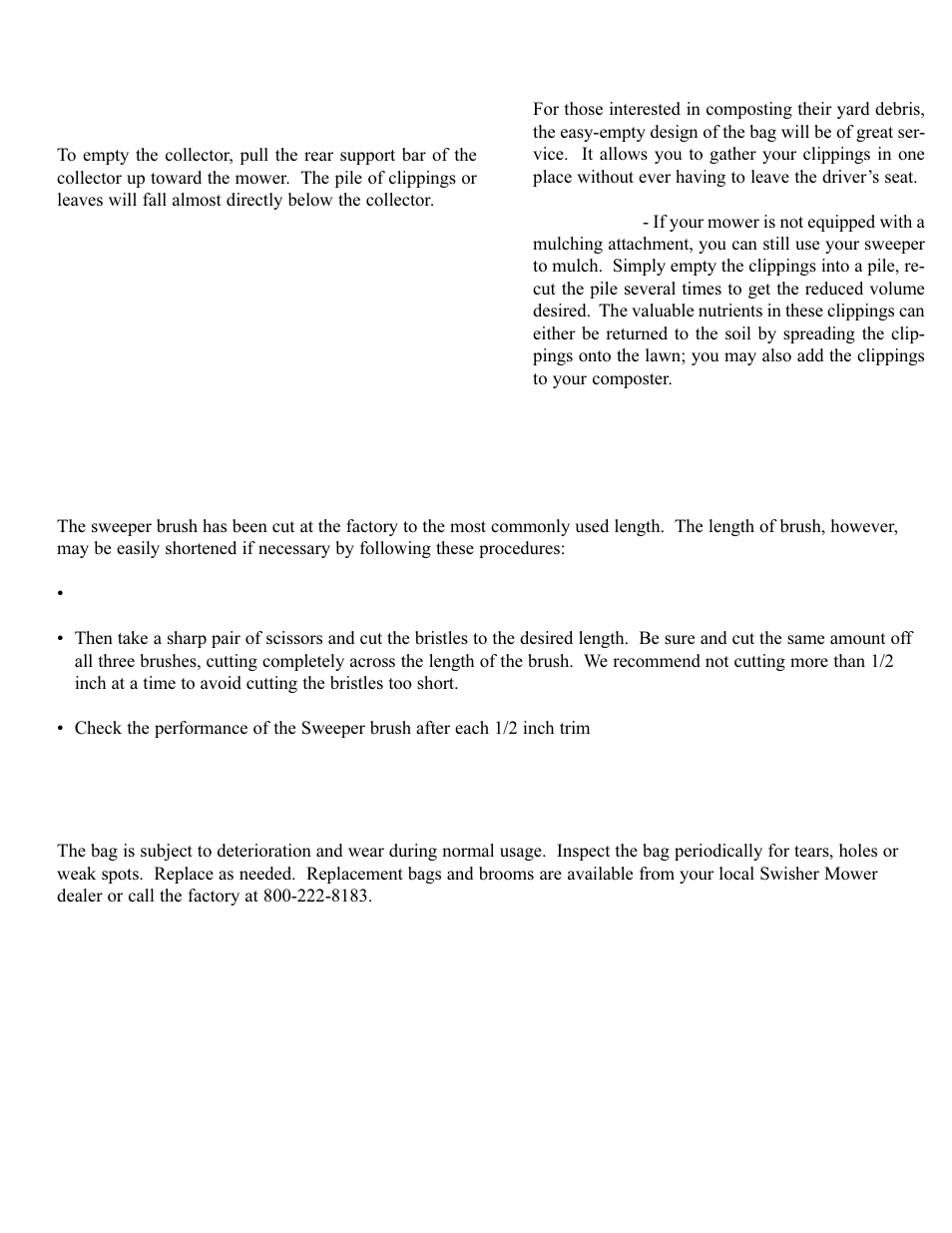 Brush adjustments, Bag and brush replacement | Swisher AZ Series User Manual | Page 17 / 36
