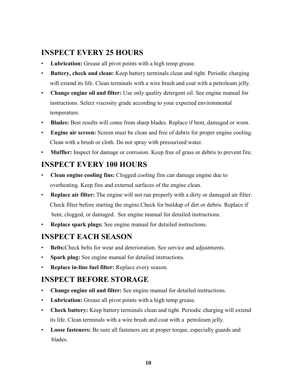 Inspect every 25 hours, Inspect every 100 hours, Inspect each season | Inspect before storage | Swisher ZT18542 EN User Manual | Page 10 / 32