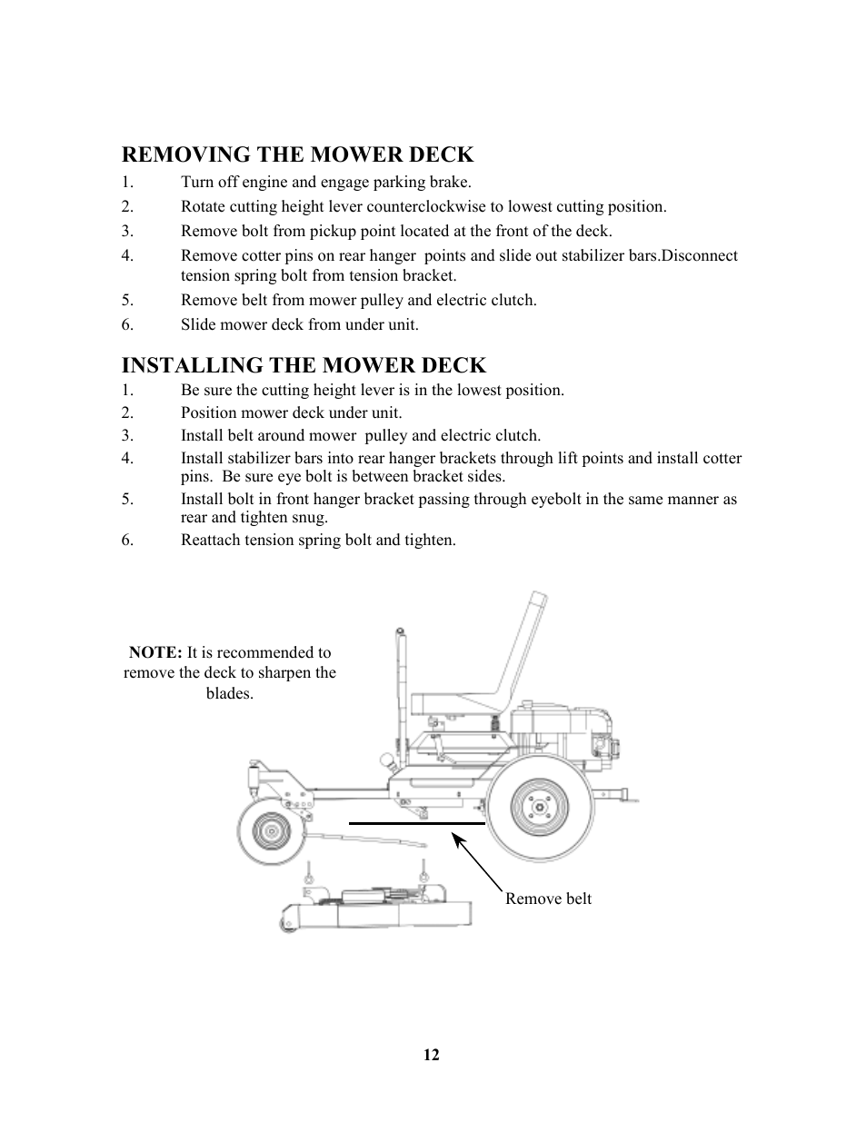 Removing the mower deck, Installing the mower deck | Swisher ZT18542 EN User Manual | Page 12 / 32