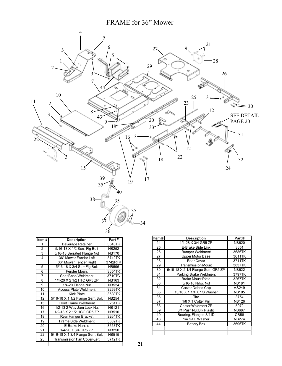 Frame for 36” mower, See detail page 20 | Swisher ZT18542 EN User Manual | Page 21 / 32