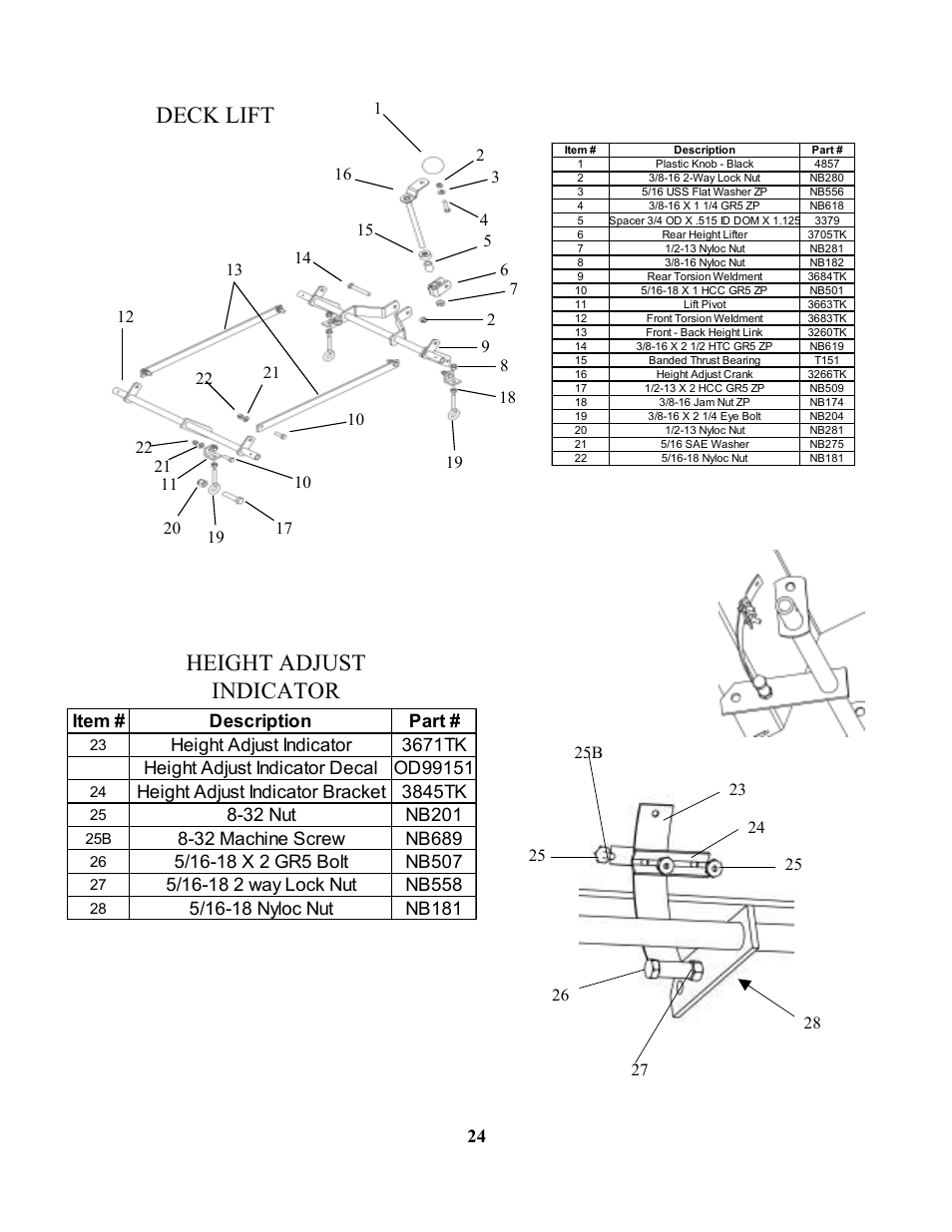 Deck lift, Height adjust indicator, 24 item # description part | Height adjust indicator bracket 3845tk | Swisher ZT18542 EN User Manual | Page 24 / 32
