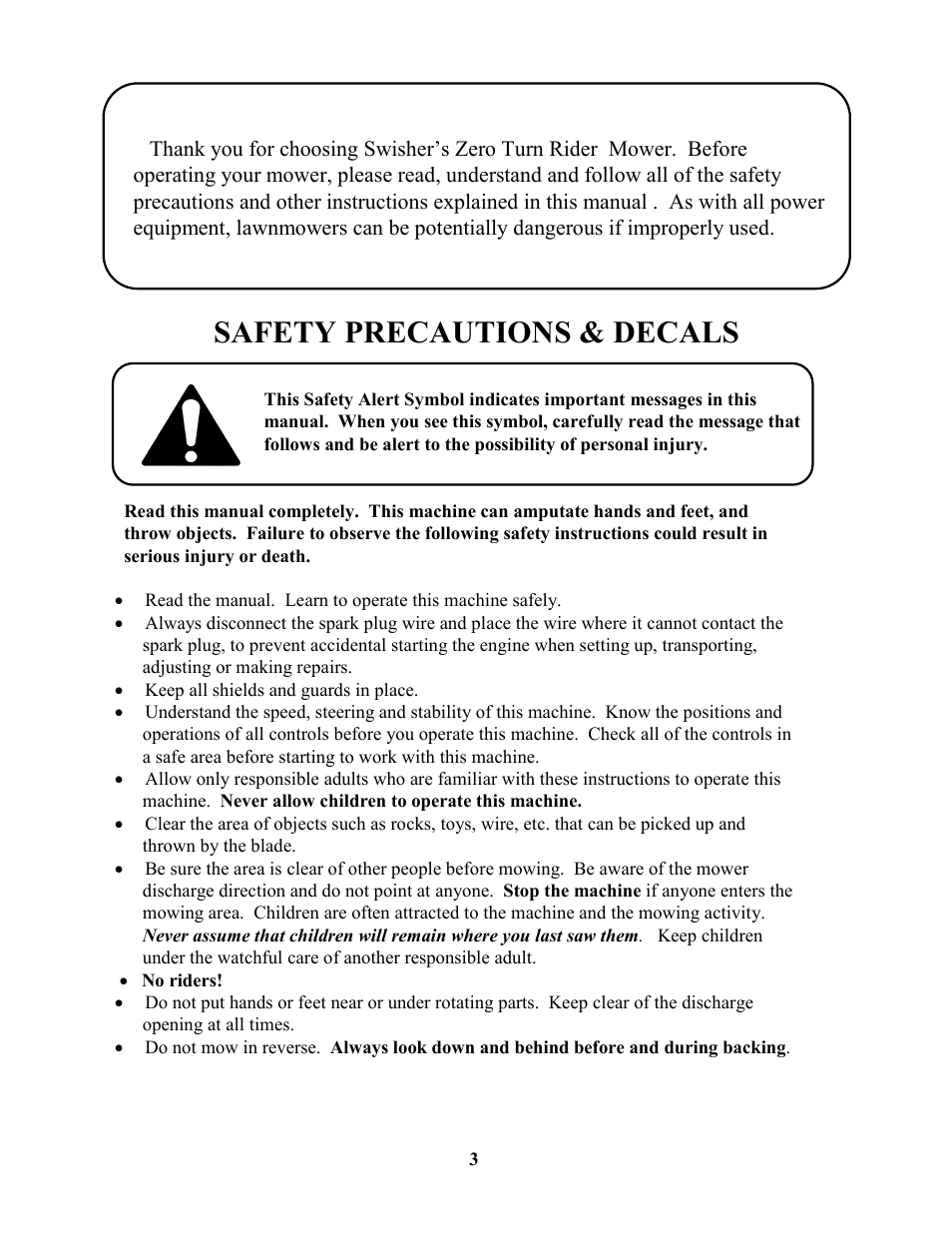 Safety precautions & decals | Swisher ZT18542 EN User Manual | Page 3 / 32