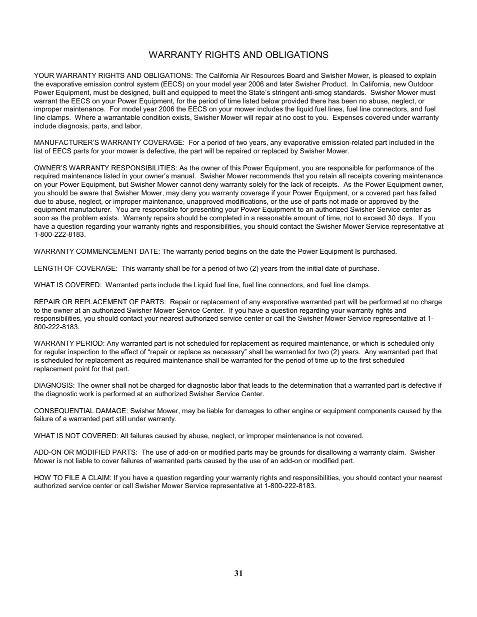 Warranty rights and obligations | Swisher ZT18542 EN User Manual | Page 31 / 32