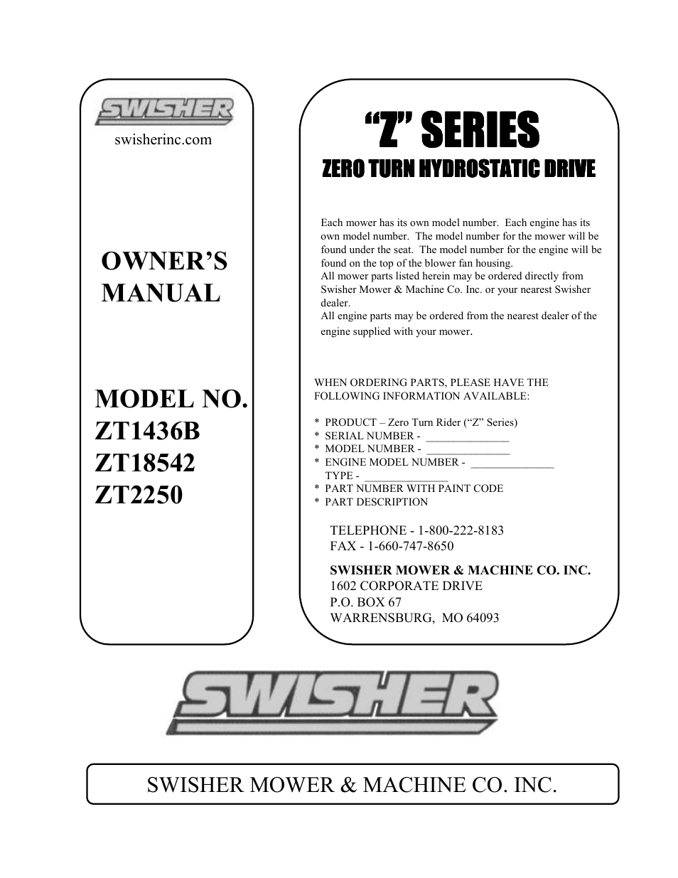 Z” series | Swisher ZT18542 EN User Manual | Page 32 / 32