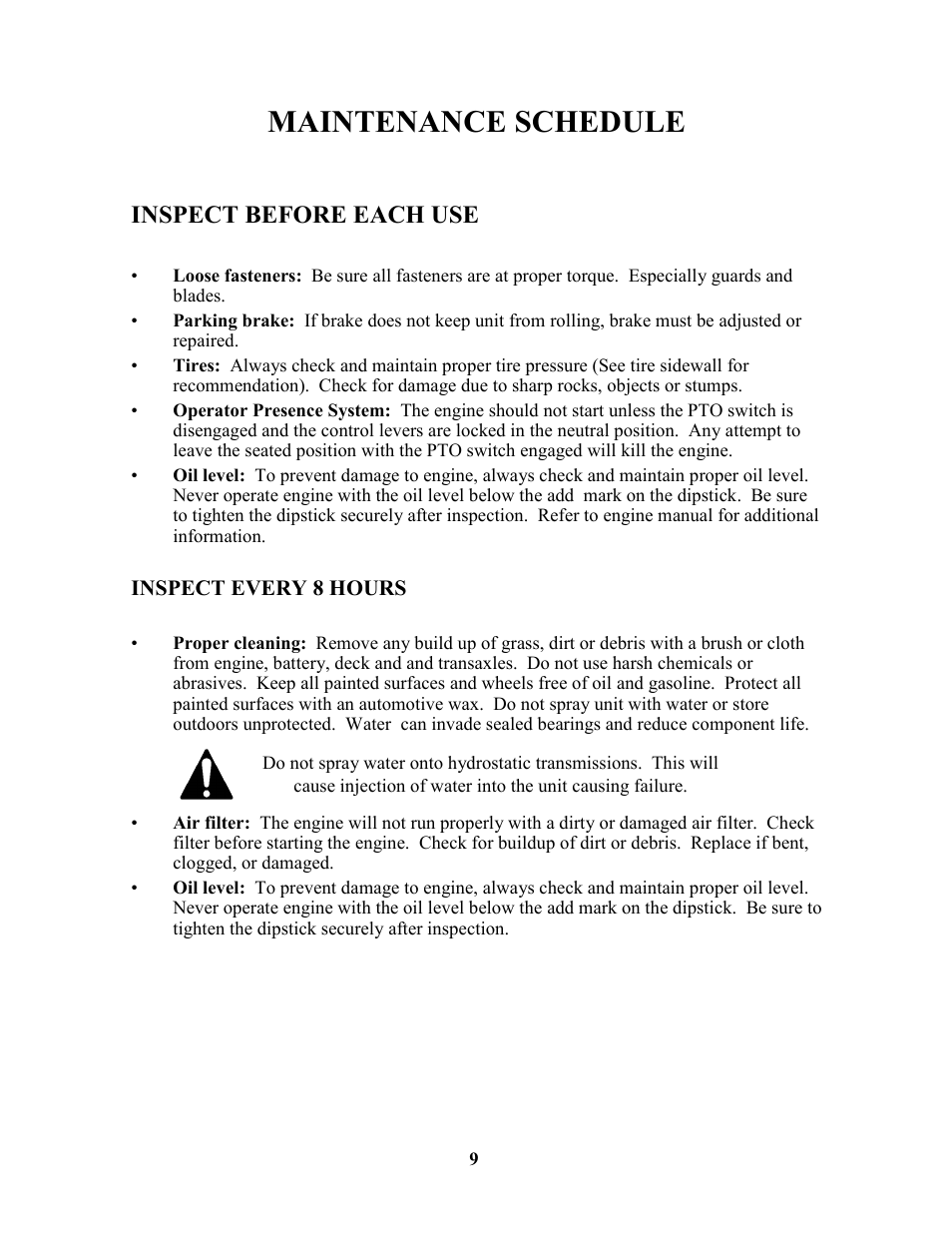 Maintenance schedule, Inspect before each use | Swisher ZT18542 EN User Manual | Page 9 / 32