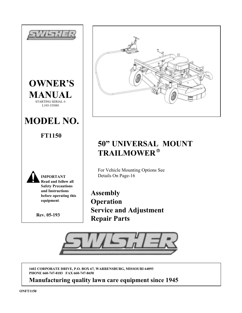 Swisher FT1150 User Manual | 20 pages