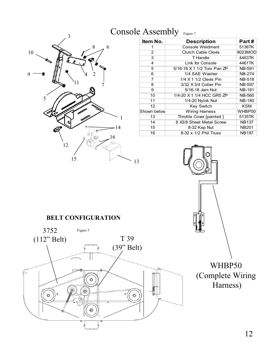 Console assembly, Whbp50 (complete wiring harness), Belt configuration | Swisher FT1150 User Manual | Page 12 / 20