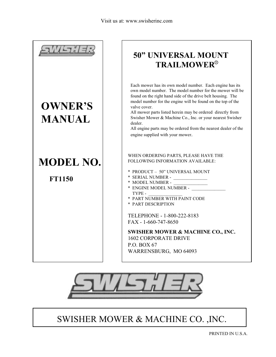 Owner’s manual model no, Swisher mower & machine co. ,inc, 50” universal mount trailmower | Ft1150 | Swisher FT1150 User Manual | Page 20 / 20