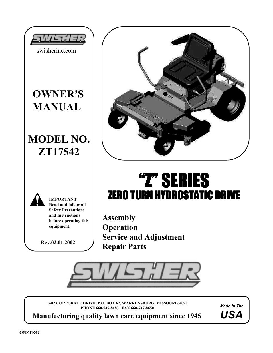 Swisher ZT17542 User Manual | 24 pages