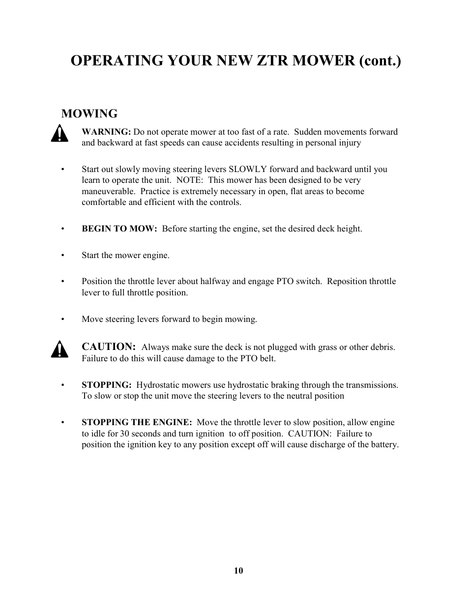 Operating your new ztr mower (cont.), Mowing | Swisher ZT17542 User Manual | Page 10 / 24
