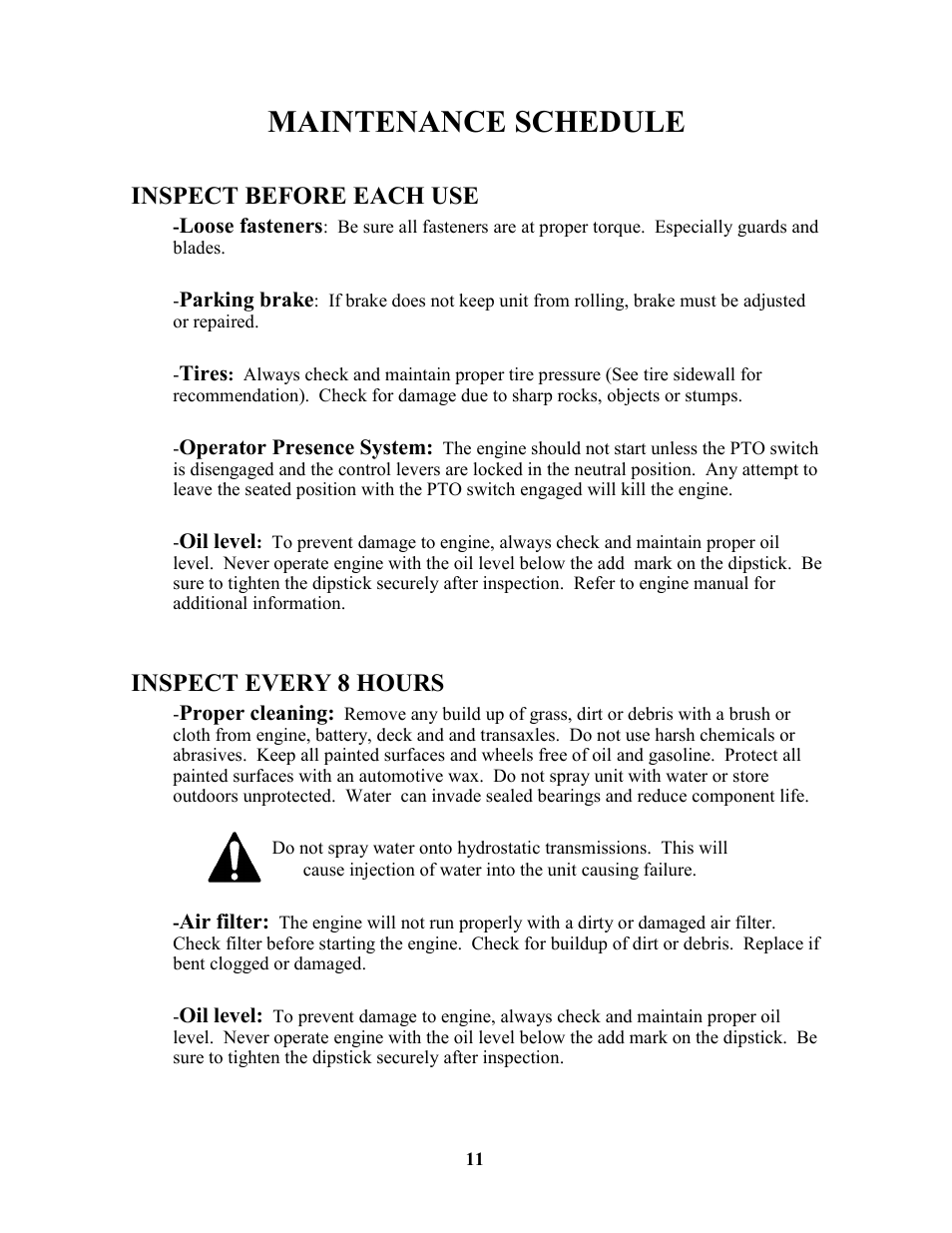 Maintenance schedule, Inspect before each use, Inspect every 8 hours | Swisher ZT17542 User Manual | Page 11 / 24