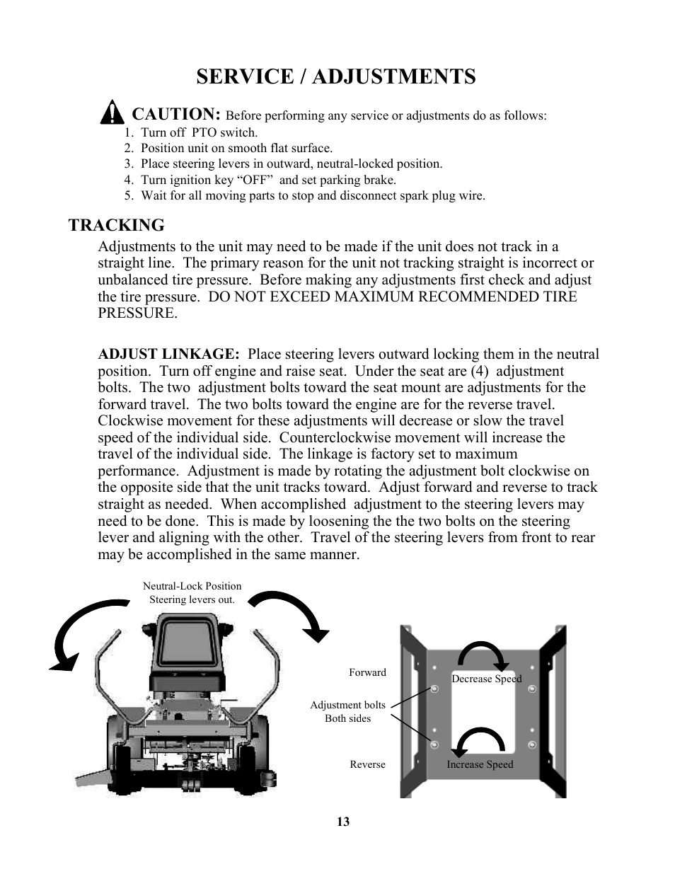 Service / adjustments, Tracking, Caution | Swisher ZT17542 User Manual | Page 13 / 24