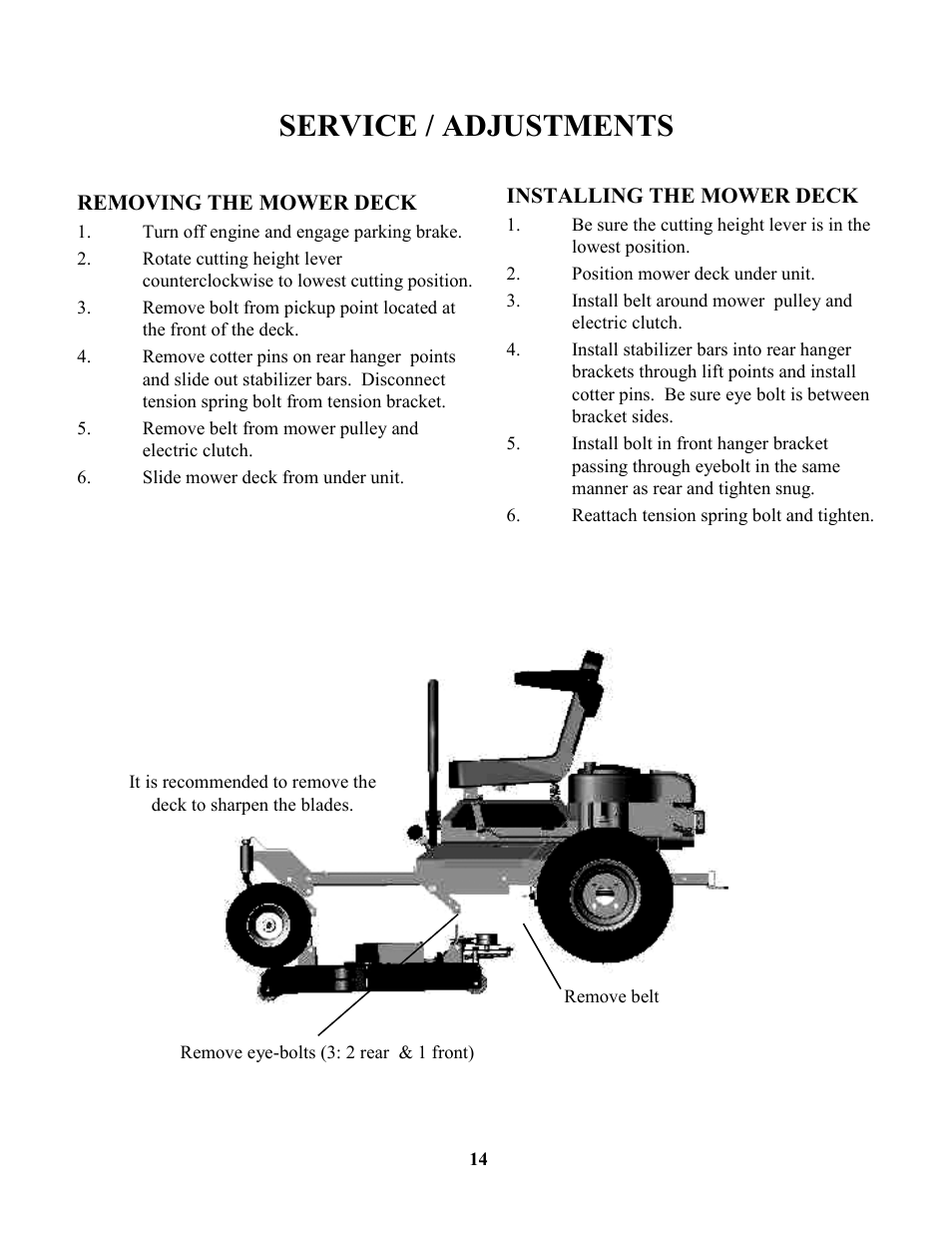 Service / adjustments | Swisher ZT17542 User Manual | Page 14 / 24
