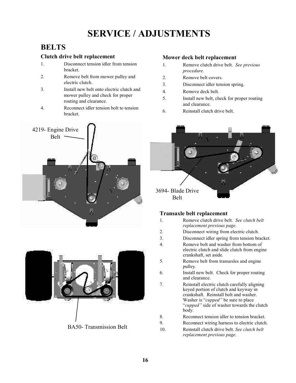 Service / adjustments, Belts | Swisher ZT17542 User Manual | Page 16 / 24