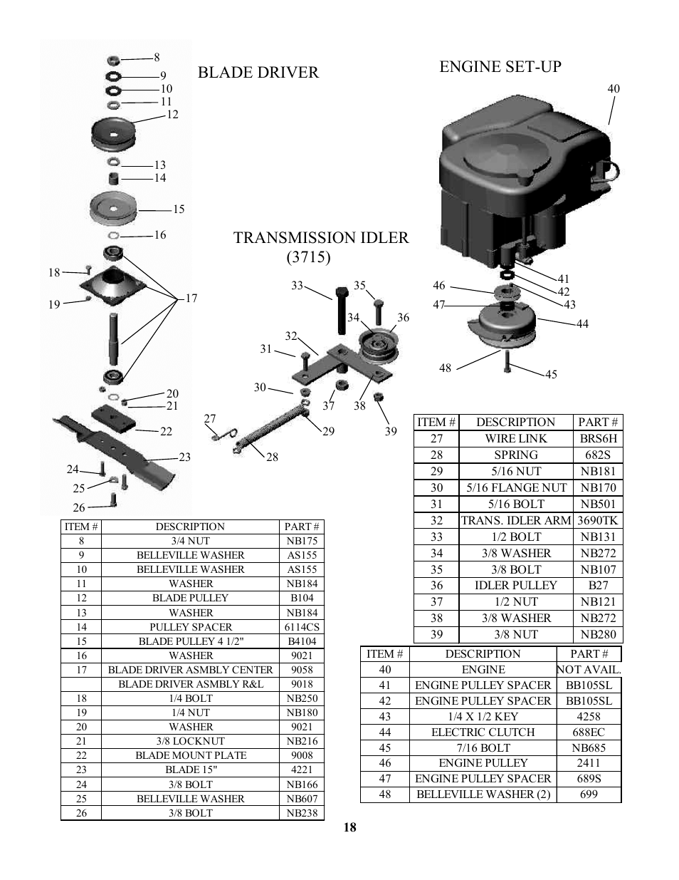 Transmission idler, Blade driver engine set-up | Swisher ZT17542 User Manual | Page 18 / 24