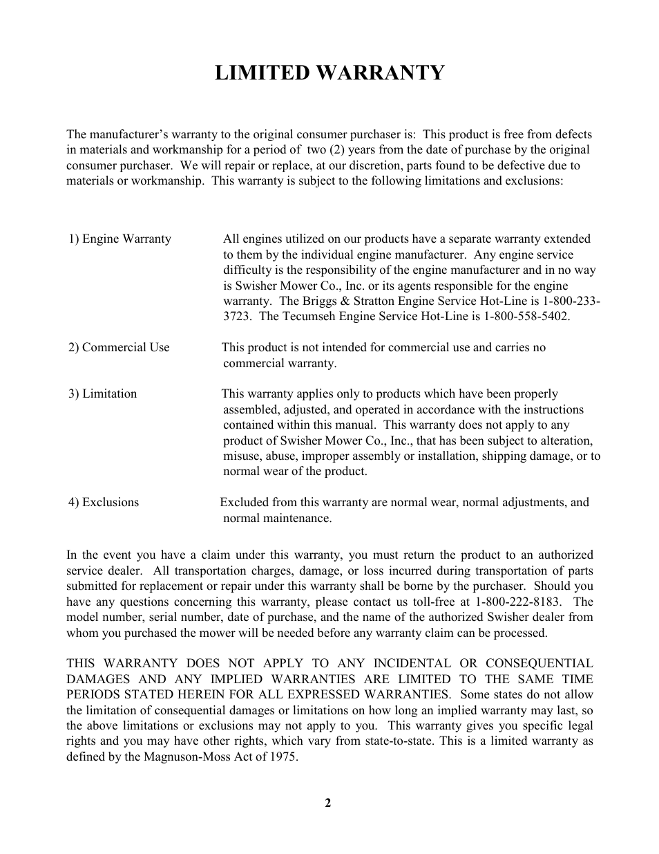 Limited warranty | Swisher ZT17542 User Manual | Page 2 / 24
