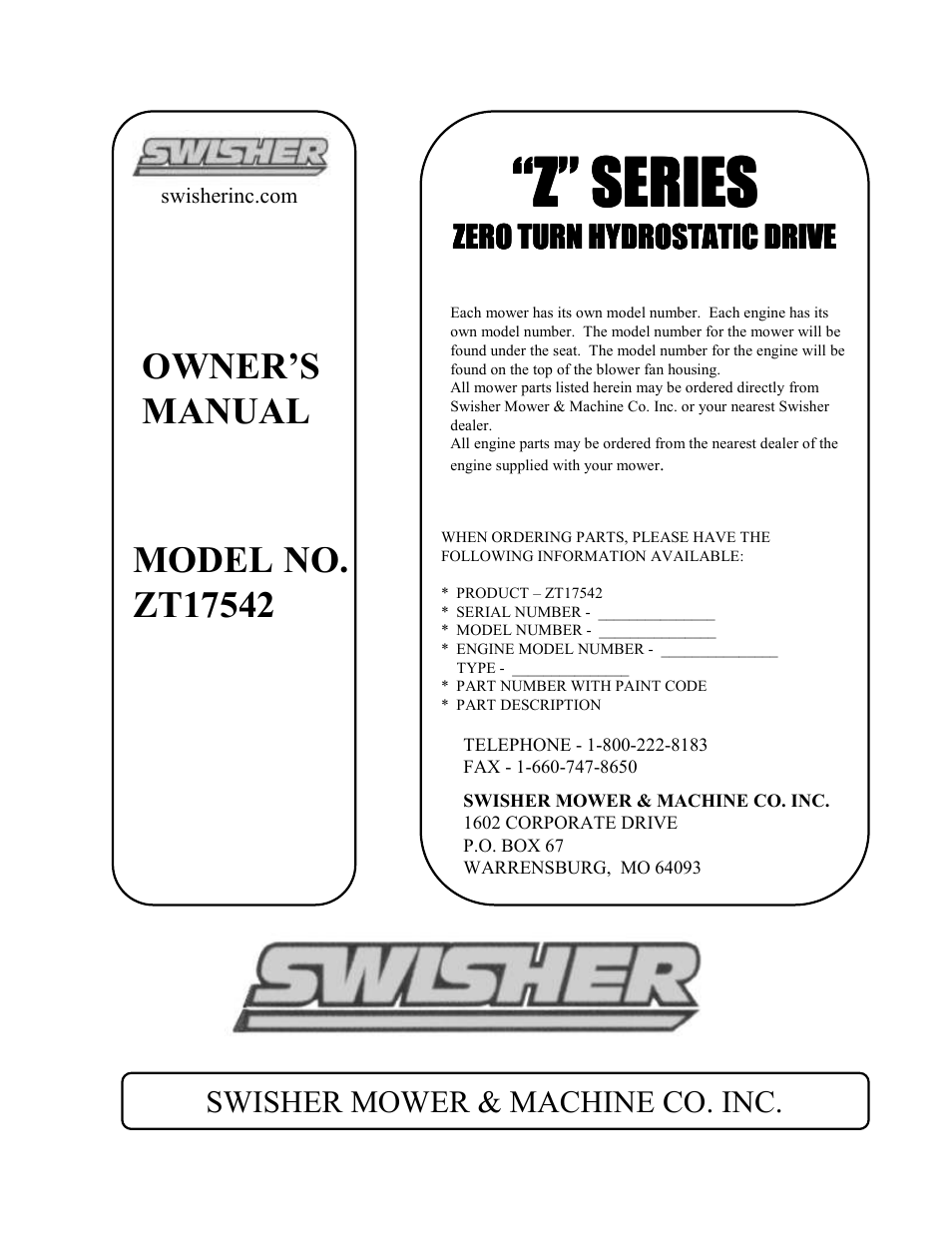 Z” series | Swisher ZT17542 User Manual | Page 24 / 24