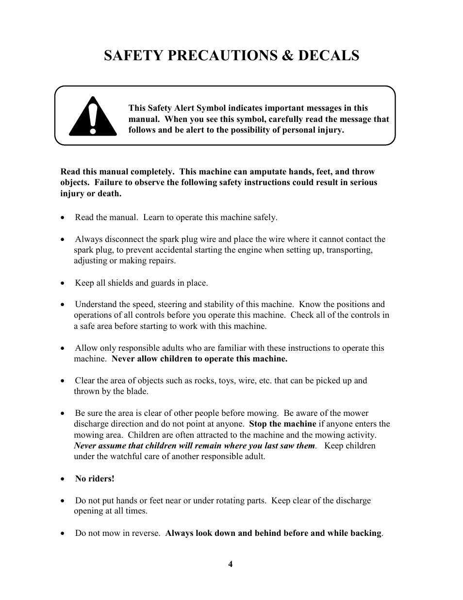 Safety precautions & decals | Swisher ZT17542 User Manual | Page 4 / 24