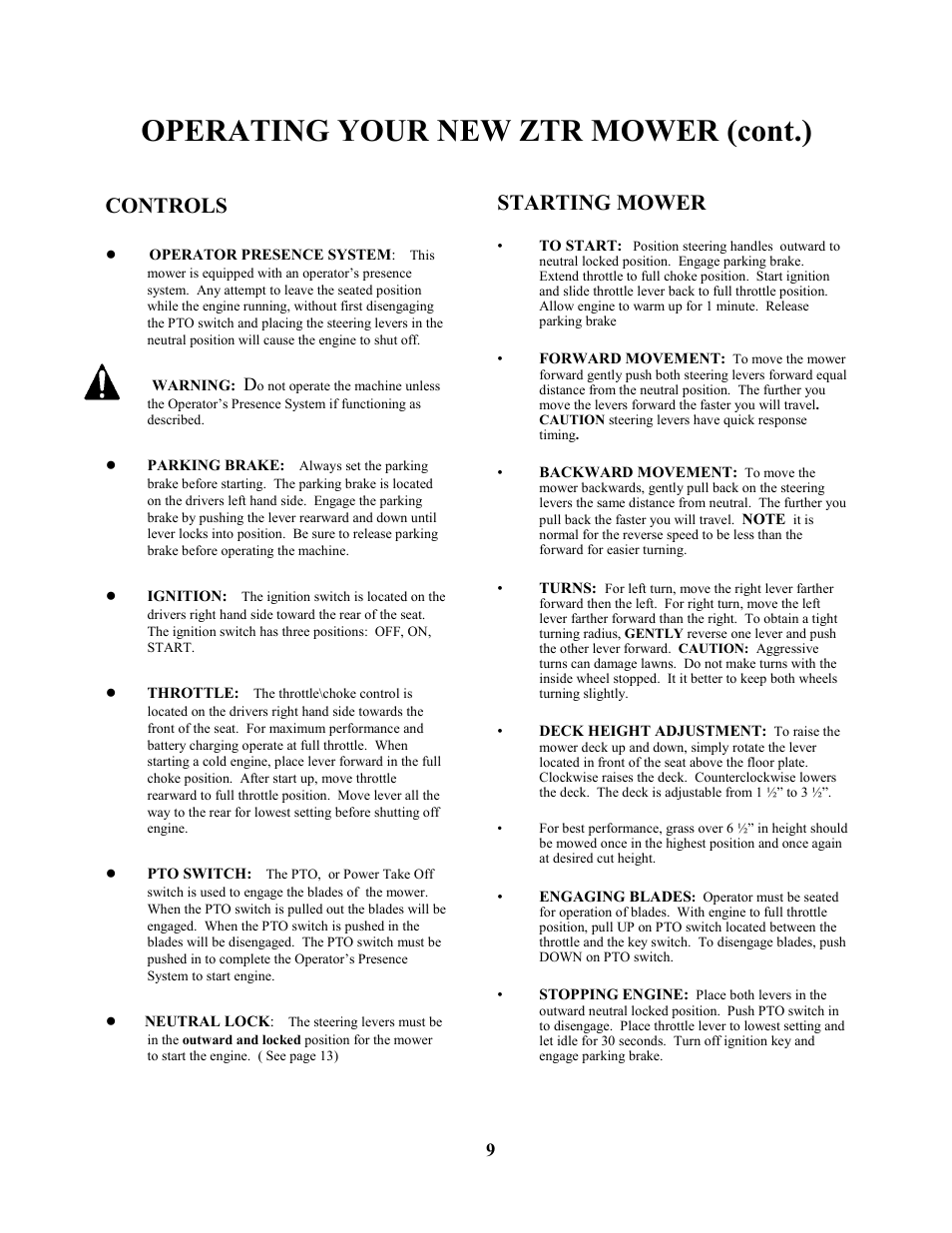 Operating your new ztr mower (cont.), Controls, Starting mower | Swisher ZT17542 User Manual | Page 9 / 24