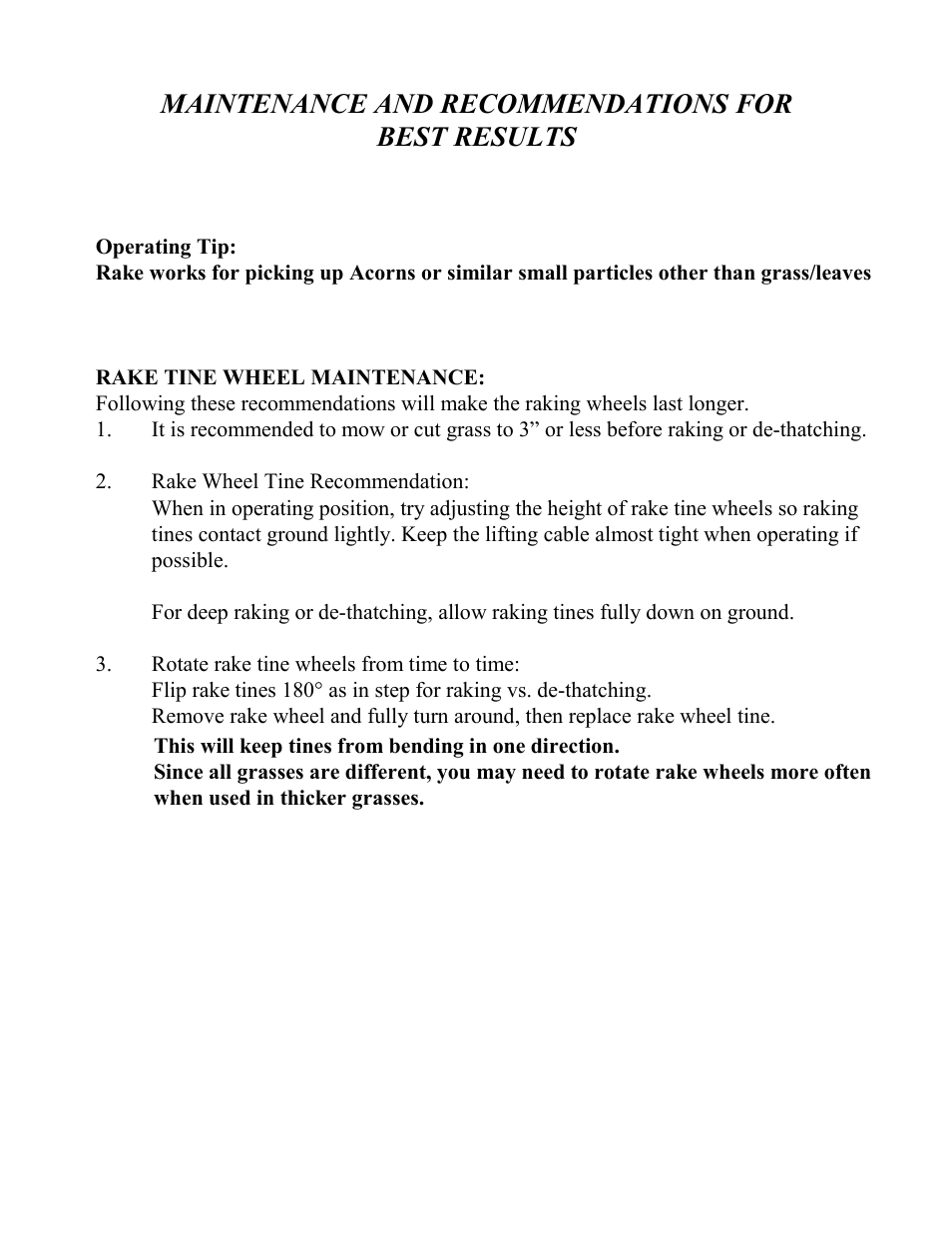 Maintenance and recommendations for best results | Swisher ACR-500 User Manual | Page 11 / 12
