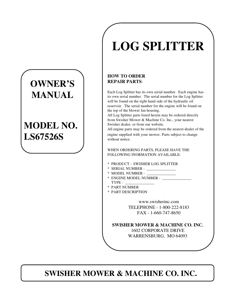 Log splitter, Swisher mower & machine co. inc | Swisher LS67526S User Manual | Page 12 / 12