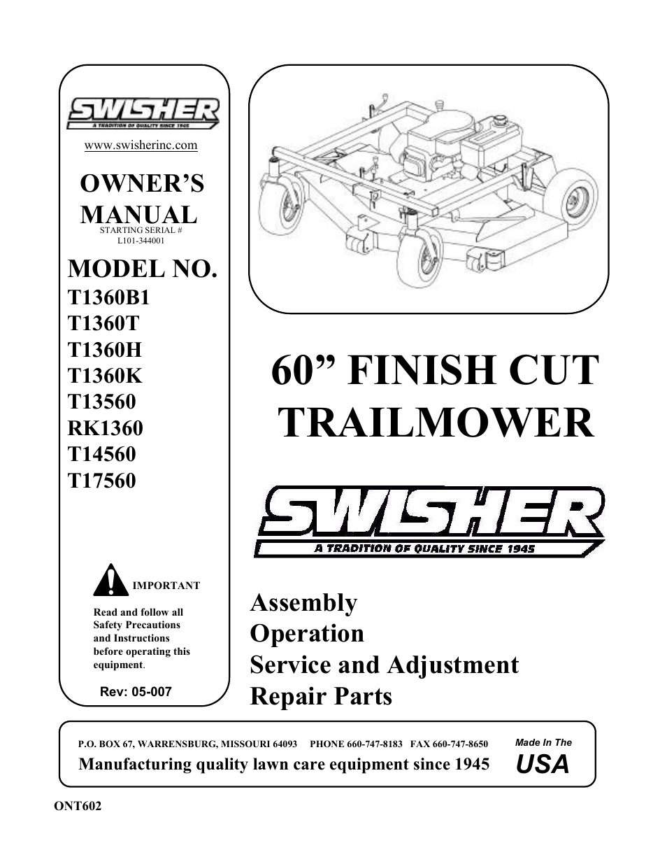 Swisher T1360T User Manual | 16 pages