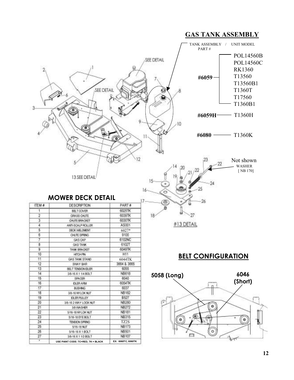 Mower deck detail, Belt configuration, Gas tank assembly | Swisher T1360T User Manual | Page 12 / 16