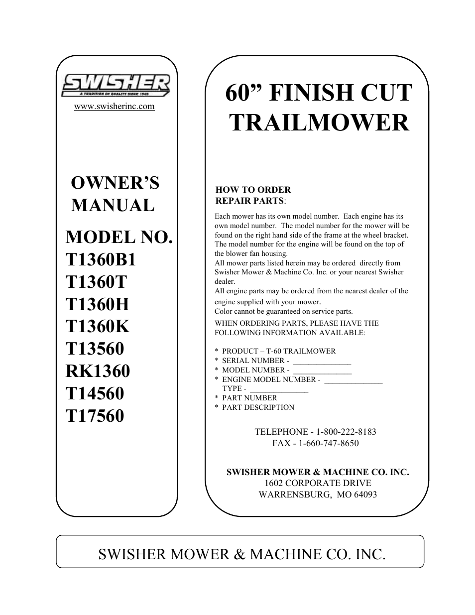 60” finish cut trailmower, Swisher mower & machine co. inc | Swisher T1360T User Manual | Page 16 / 16