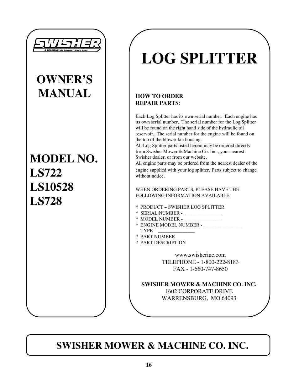 Log splitter, Swisher mower & machine co. inc | Swisher LS722 User Manual | Page 16 / 16