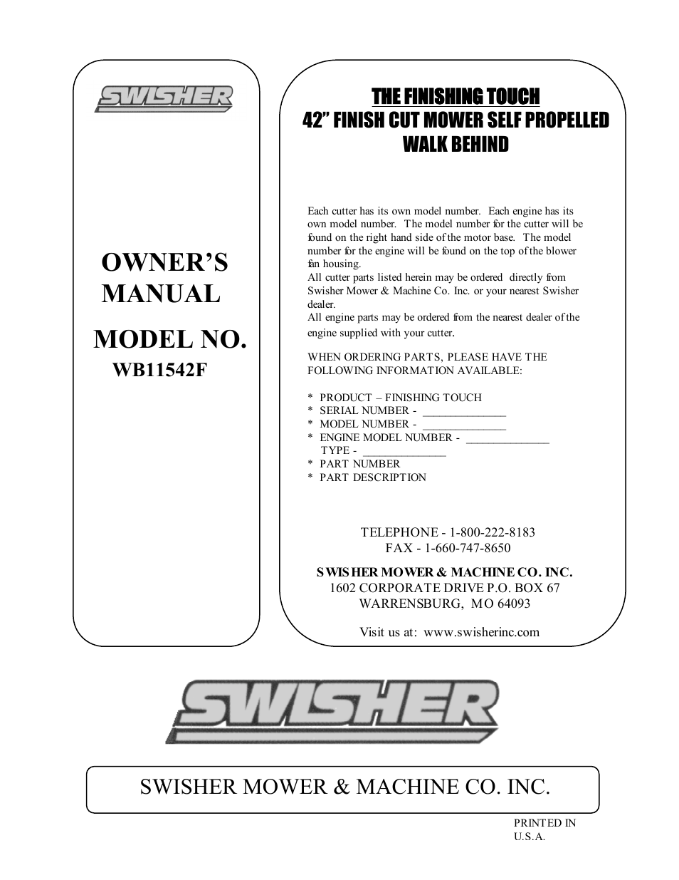 Owner’s manual model no, Swisher mower & machine co. inc | Swisher WB11542F User Manual | Page 12 / 12