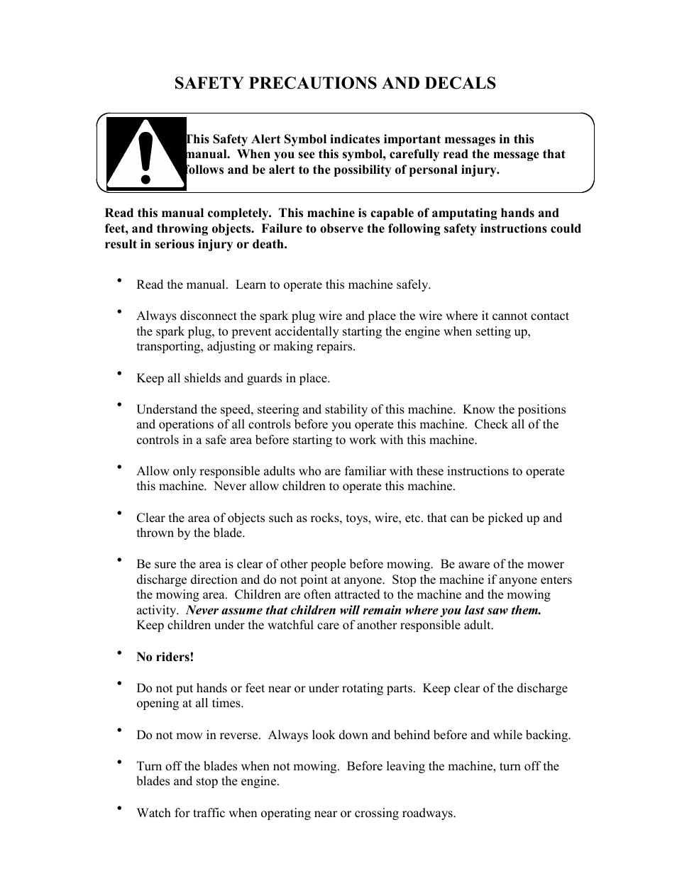 Safety precautions and decals | Swisher WB11542F User Manual | Page 3 / 12