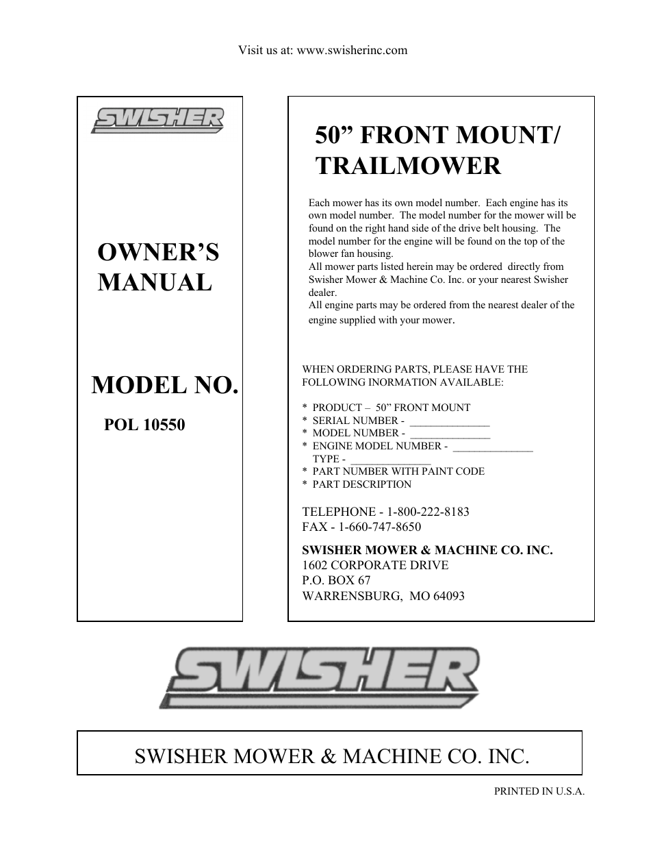 Owner’s manual model no, 50” front mount/ trailmower, Swisher mower & machine co. inc | Swisher POL 10550 User Manual | Page 16 / 16