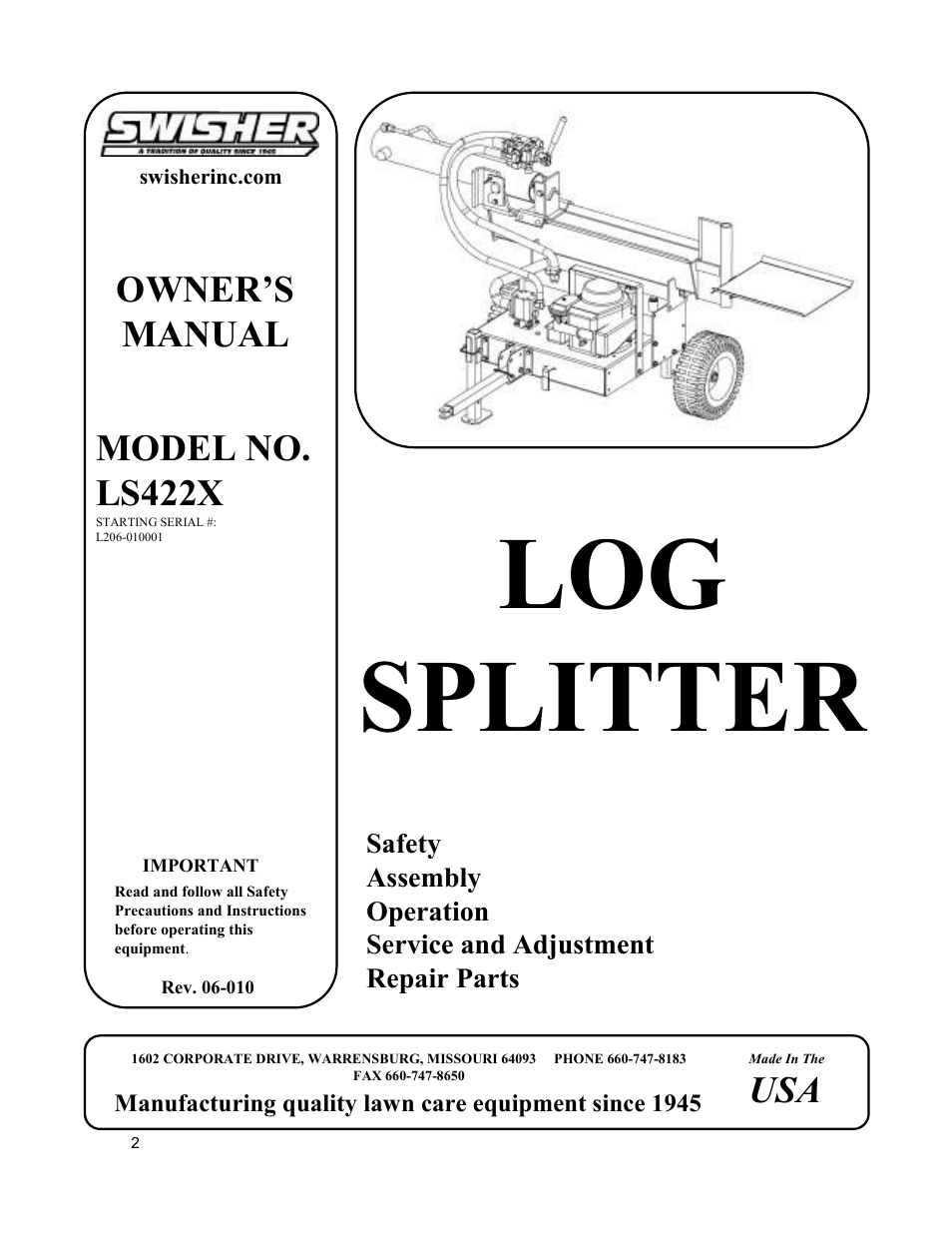 Swisher LS422X User Manual | 16 pages