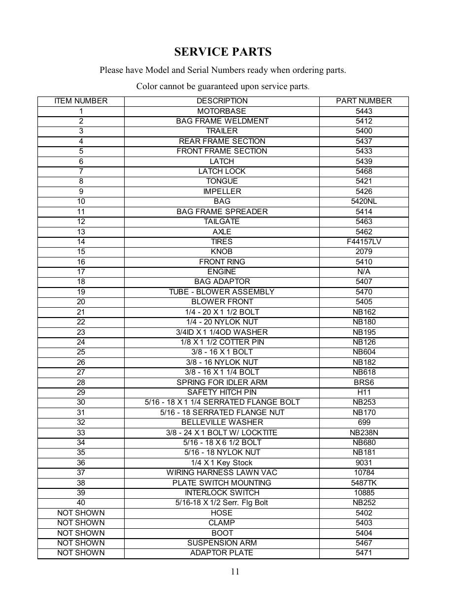 Service parts | Swisher LV5537 User Manual | Page 11 / 12