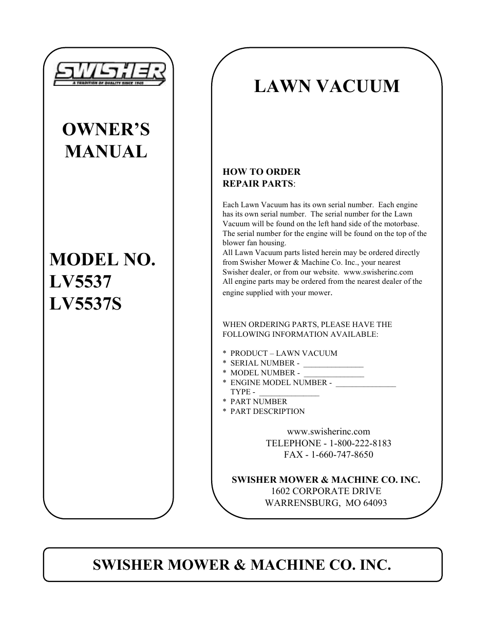 Lawn vacuum, Swisher mower & machine co. inc | Swisher LV5537 User Manual | Page 12 / 12