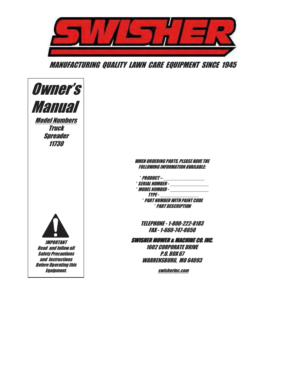 Owner’s manual | Swisher Truck Spreader 11730 User Manual | Page 8 / 8