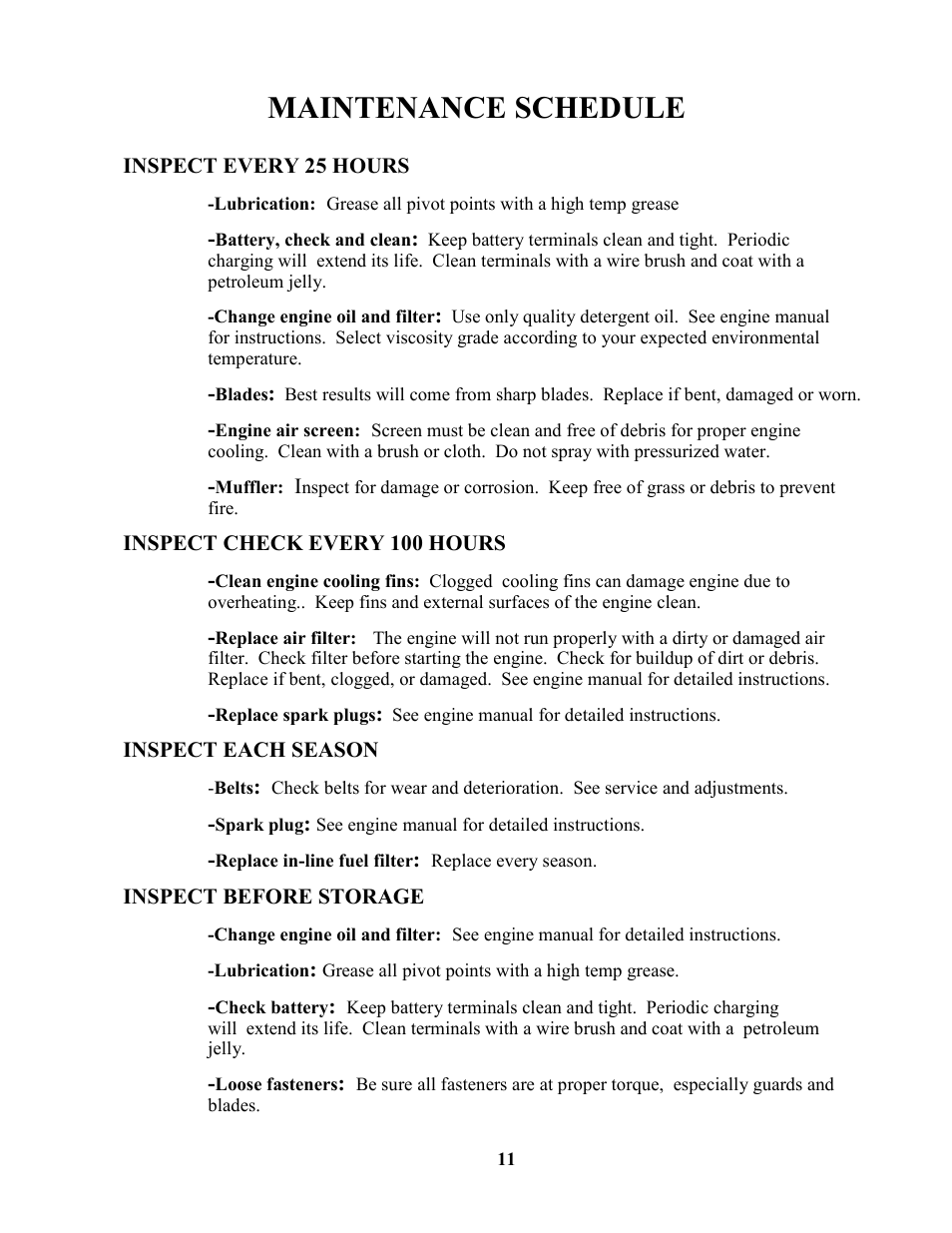 Maintenance schedule | Swisher ZT1436  EN User Manual | Page 11 / 28