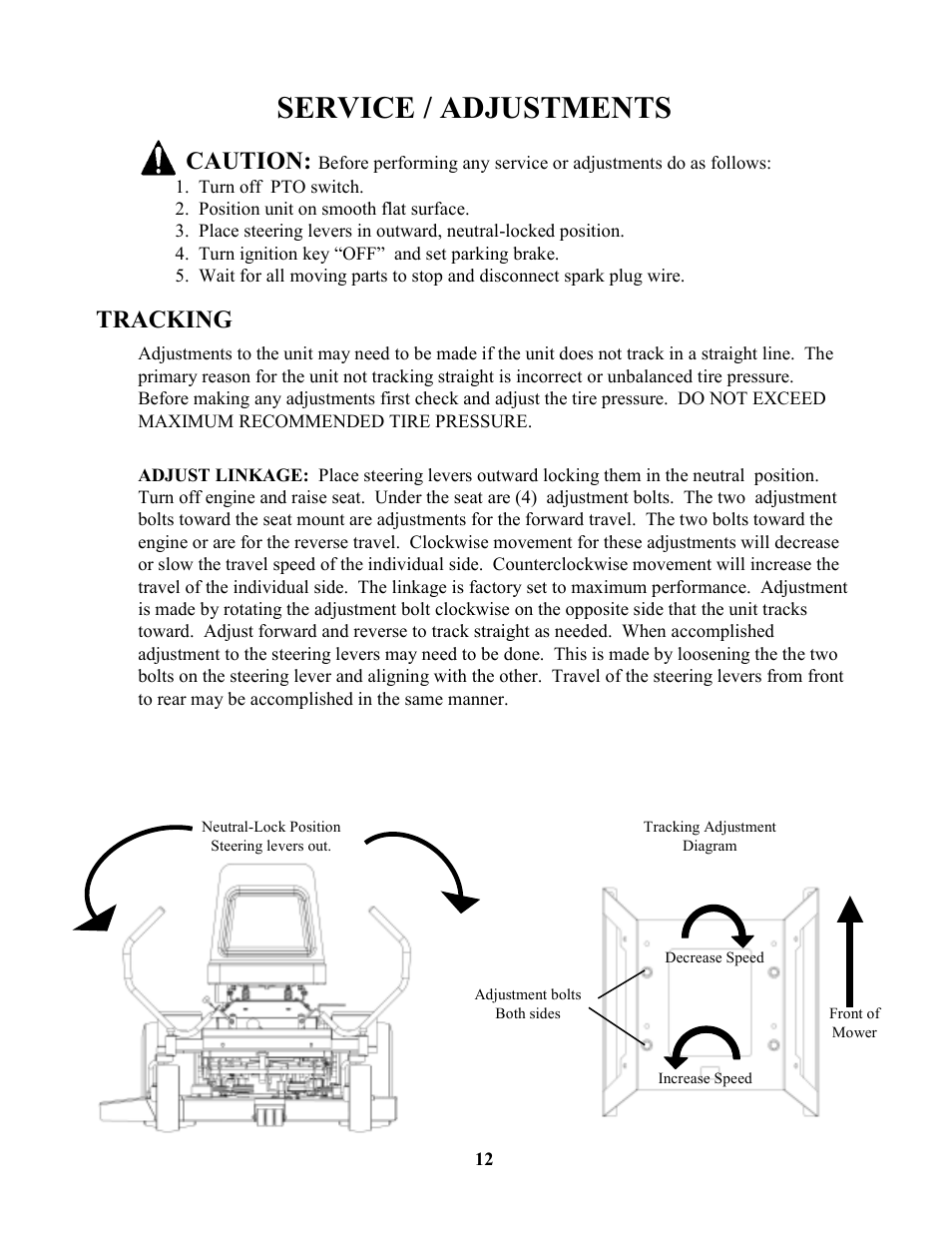 Service / adjustments, Tracking, Caution | Swisher ZT1436  EN User Manual | Page 12 / 28