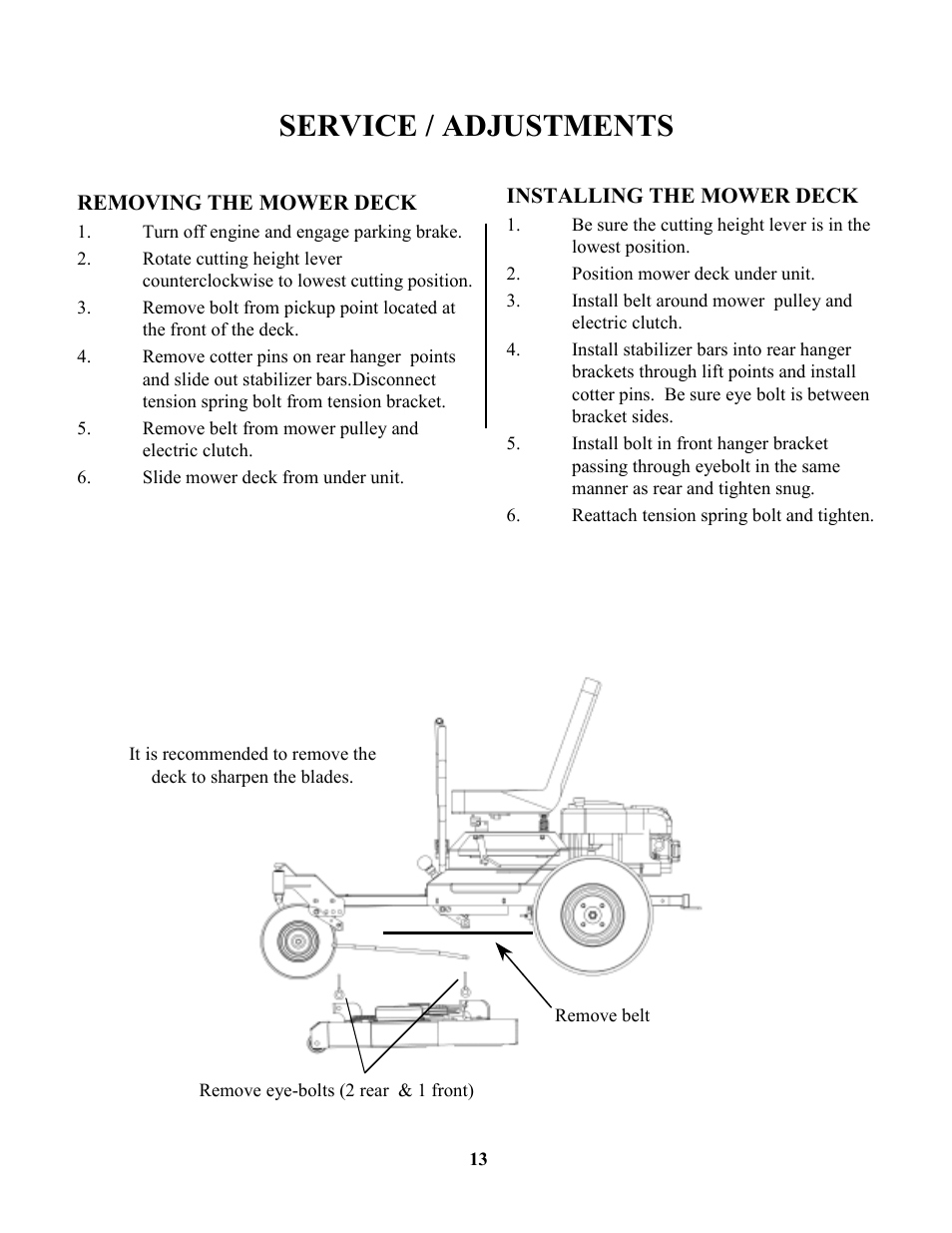 Service / adjustments | Swisher ZT1436  EN User Manual | Page 13 / 28