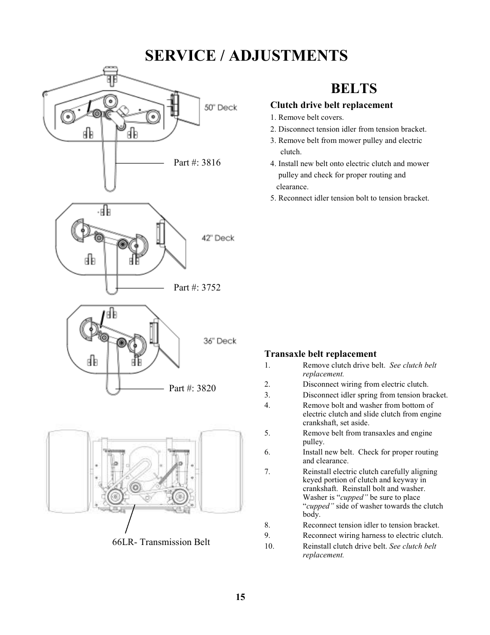 Service / adjustments, Belts | Swisher ZT1436  EN User Manual | Page 15 / 28