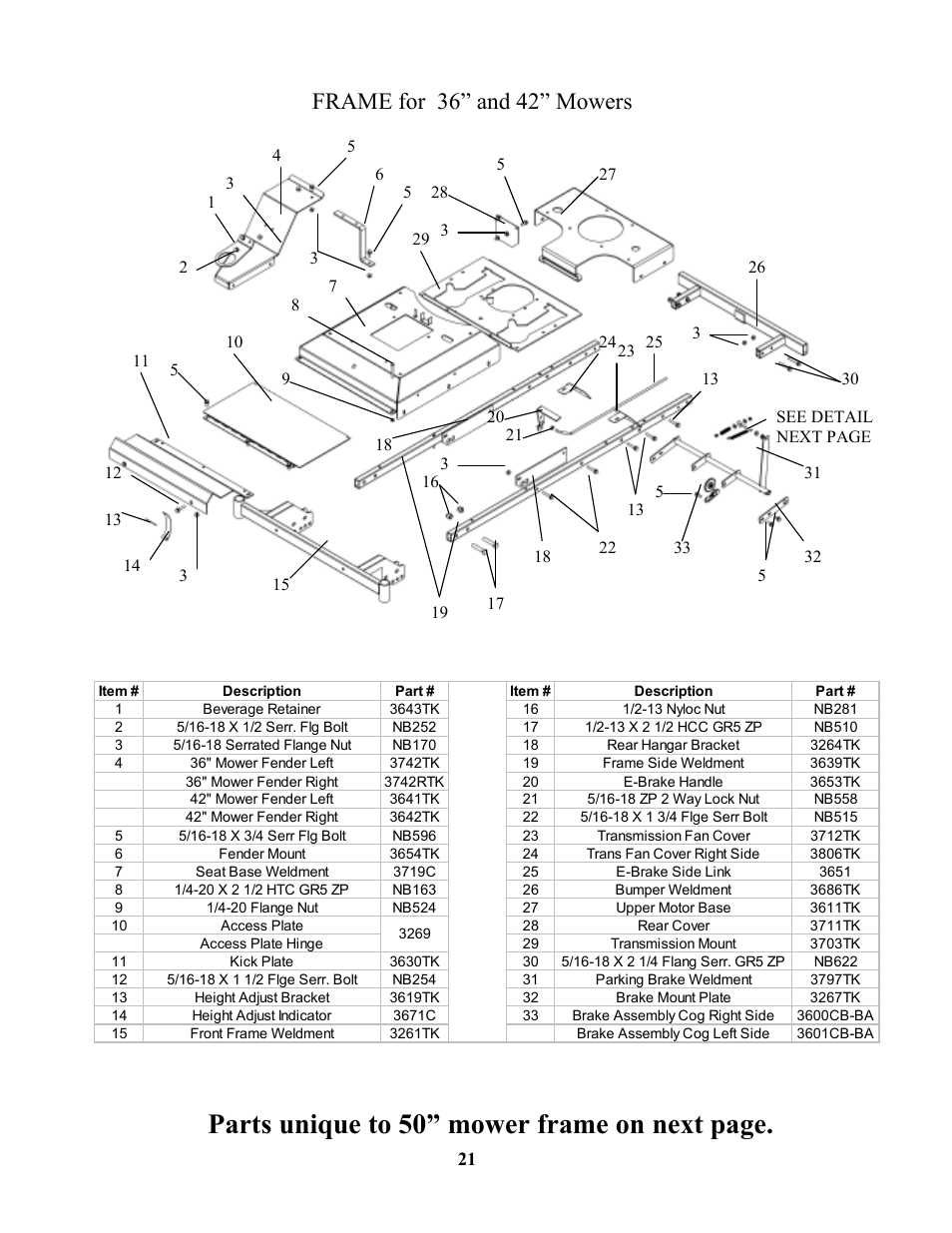 Parts unique to 50” mower frame on next page, Frame for 36” and 42” mowers | Swisher ZT1436  EN User Manual | Page 21 / 28