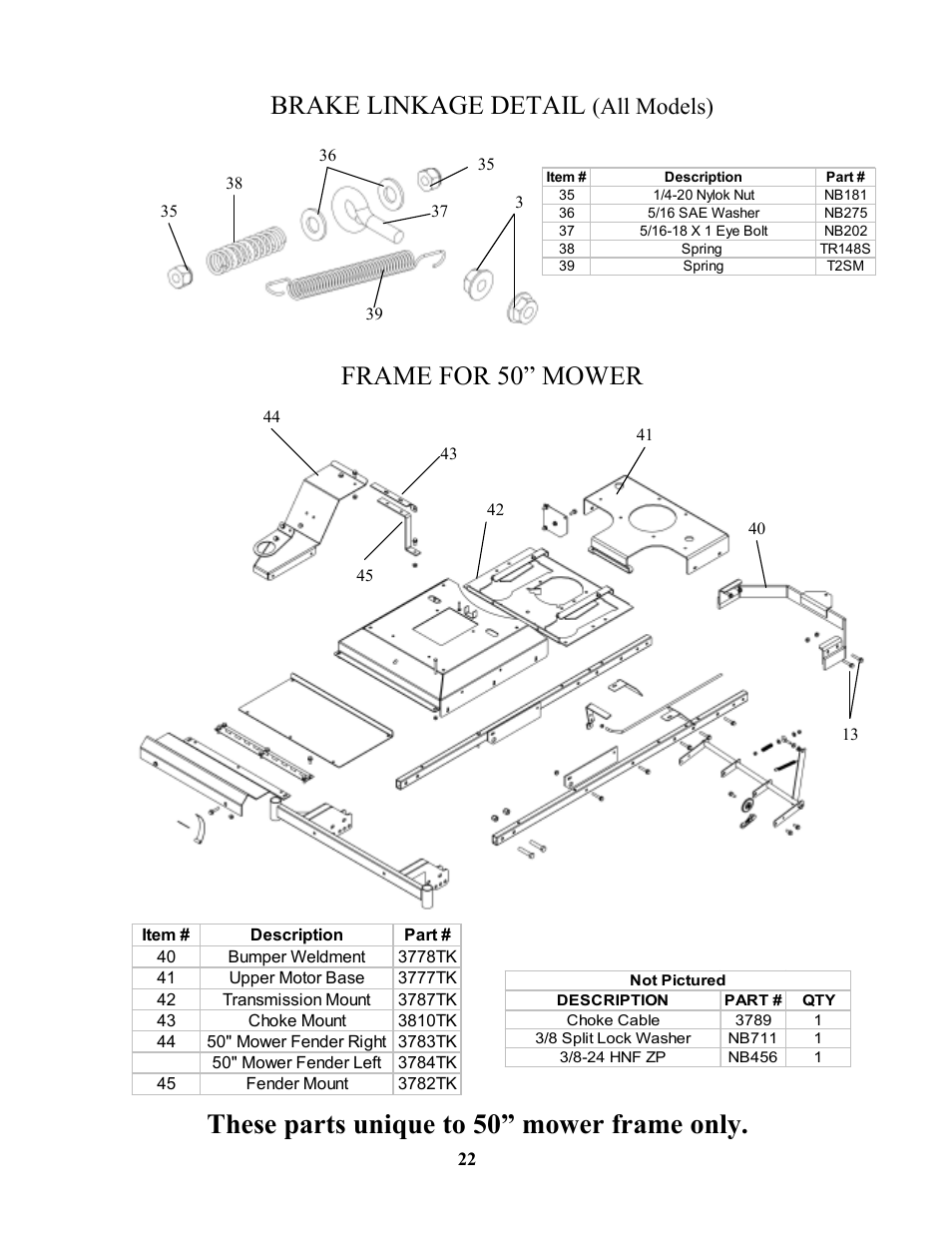 These parts unique to 50” mower frame only, Frame for 50” mower, Brake linkage detail | All models) | Swisher ZT1436  EN User Manual | Page 22 / 28