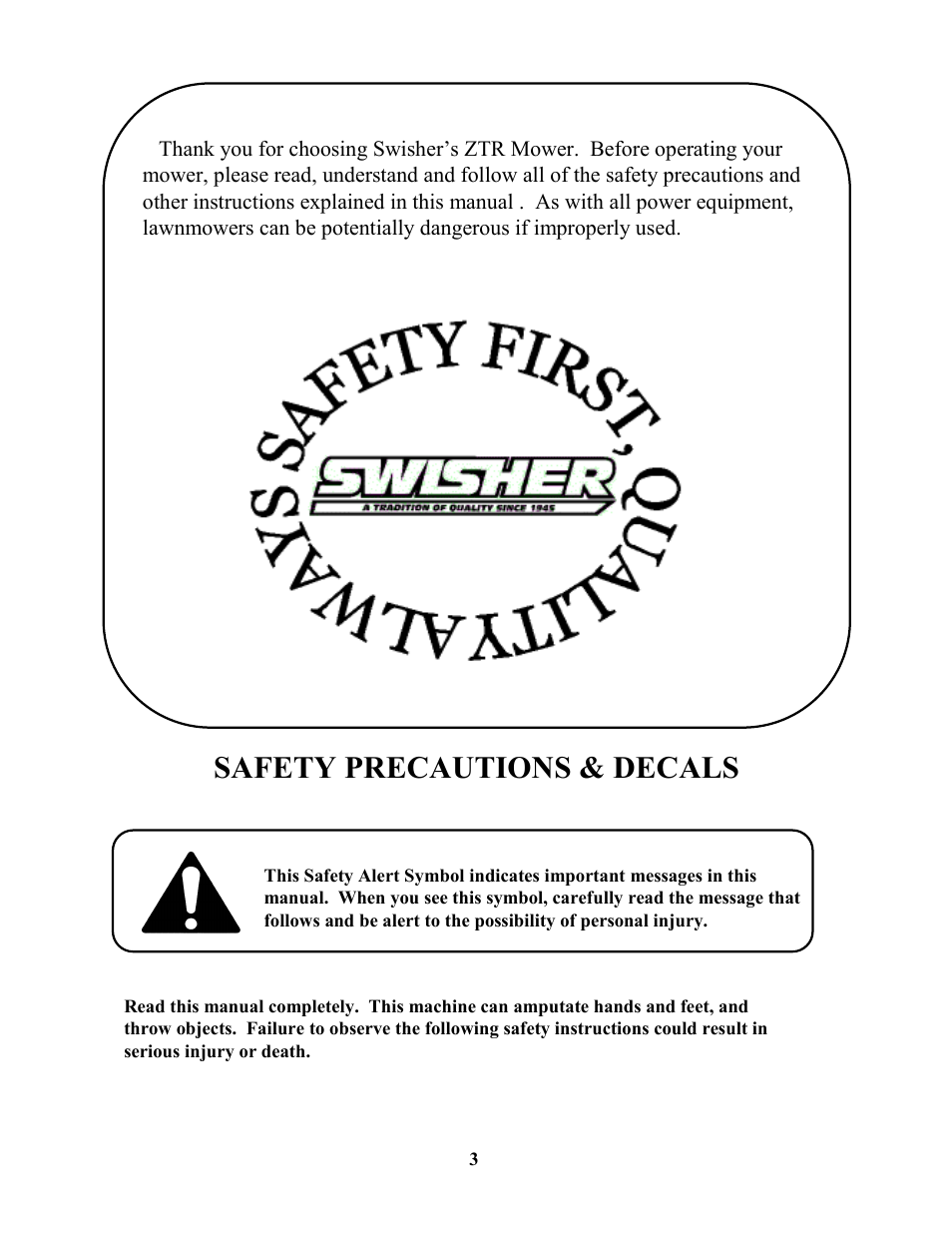 Safety precautions & decals | Swisher ZT1436  EN User Manual | Page 3 / 28