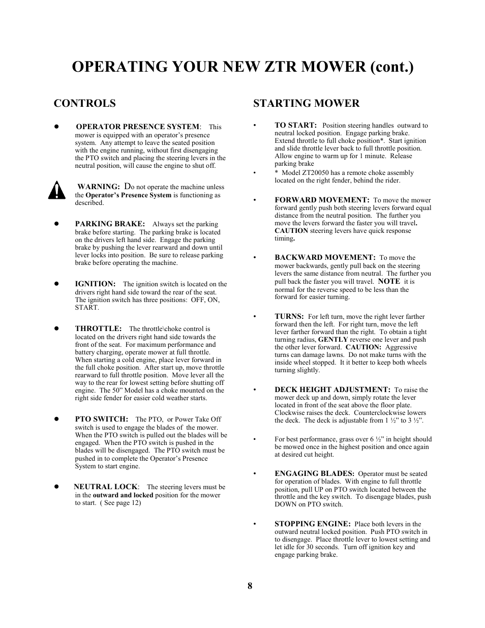 Operating your new ztr mower (cont.), Controls, Starting mower | Swisher ZT1436  EN User Manual | Page 8 / 28