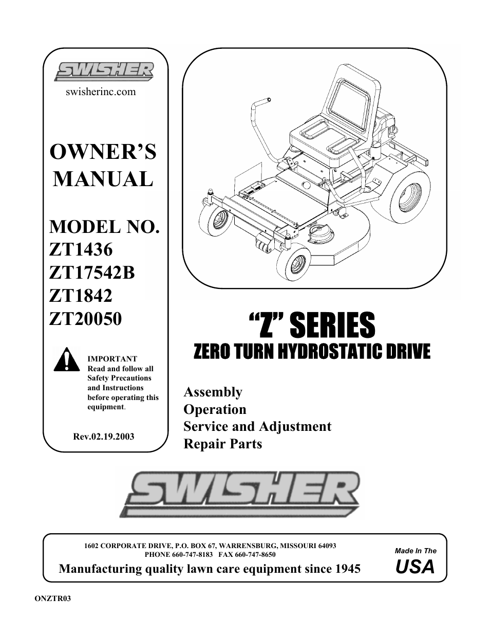 Swisher ZT1436 User Manual | 28 pages