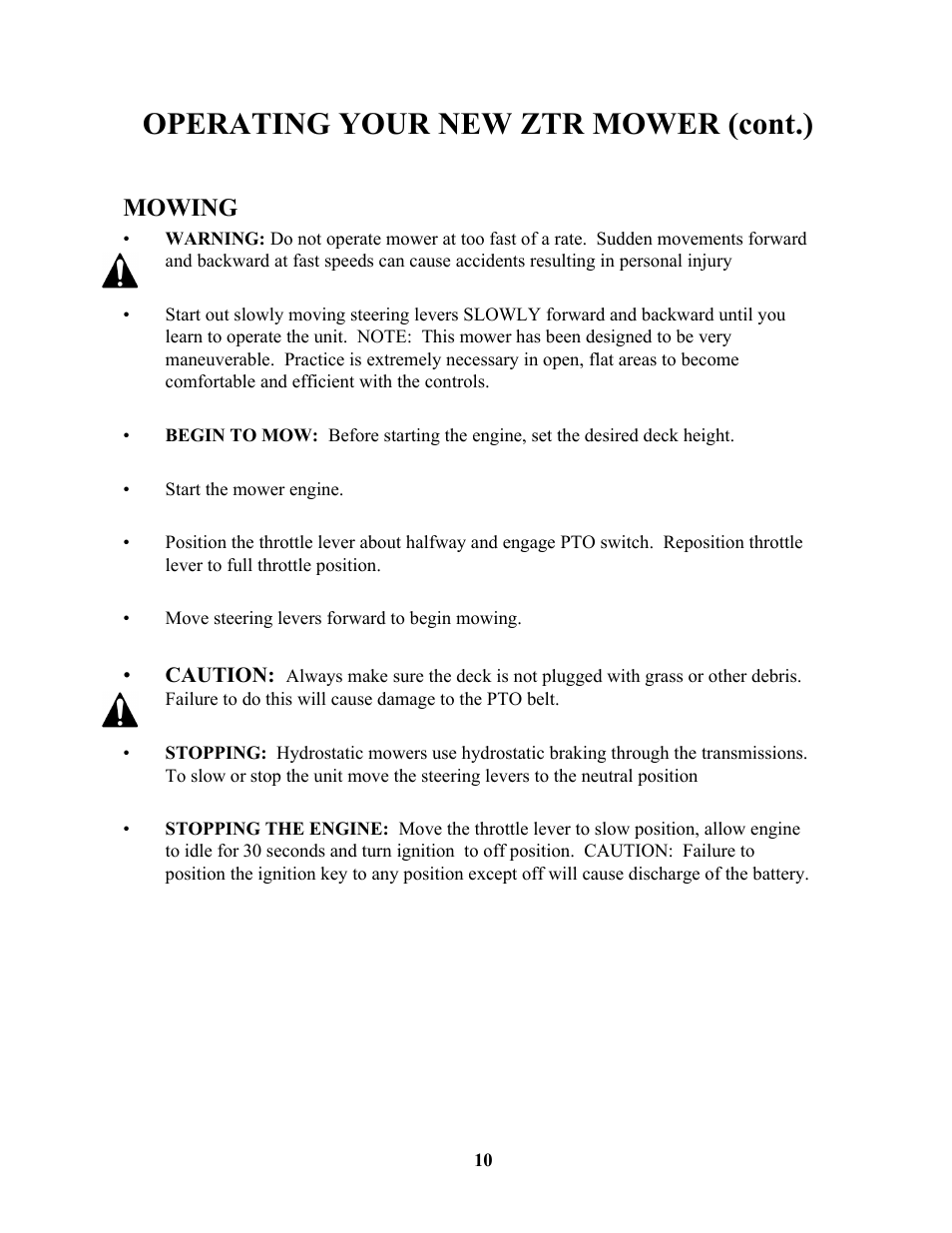 Operating your new ztr mower (cont.), Mowing | Swisher ZT13536 User Manual | Page 10 / 23