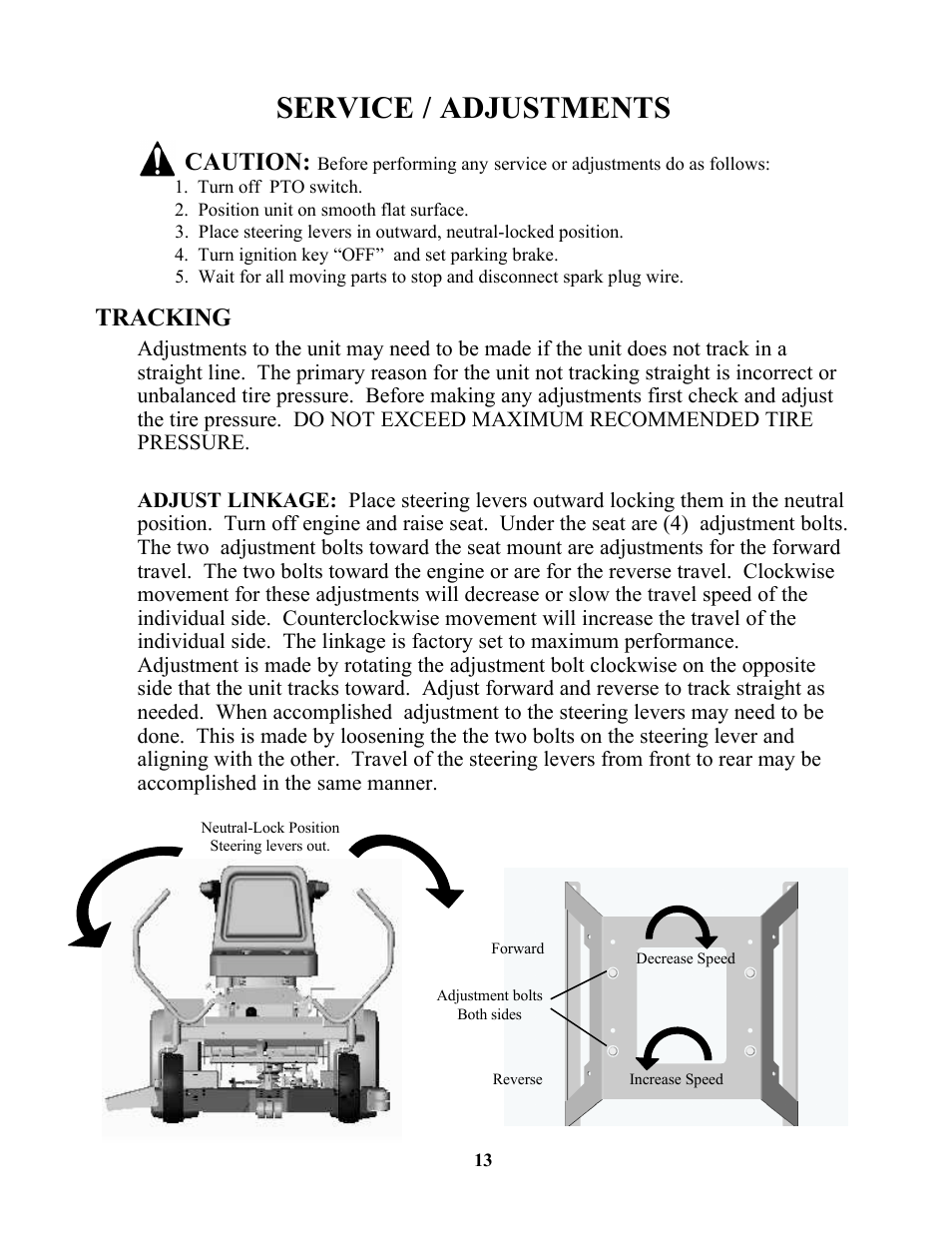 Service / adjustments, Tracking, Caution | Swisher ZT13536 User Manual | Page 13 / 23