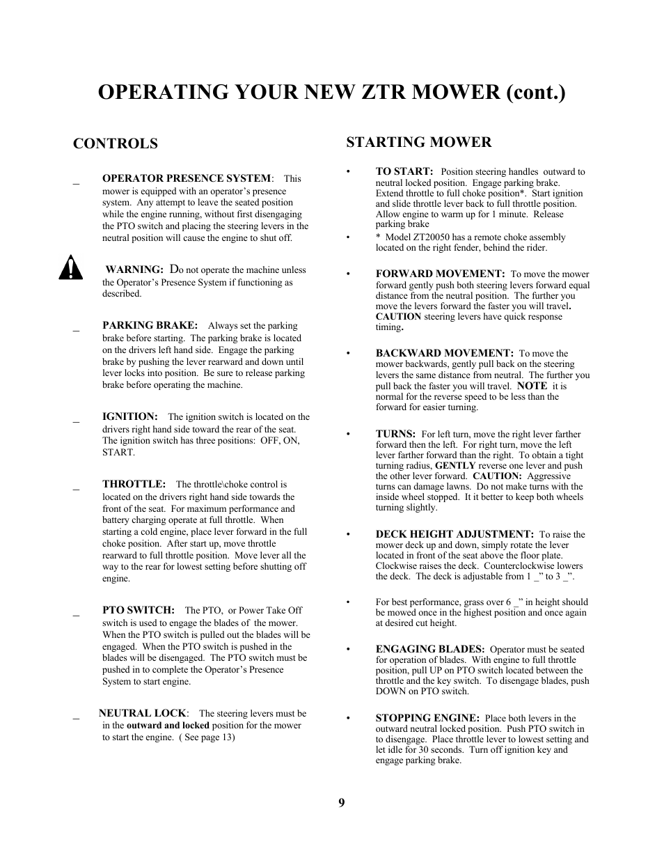 Operating your new ztr mower (cont.), Controls, Starting mower | Swisher ZT13536 User Manual | Page 9 / 23