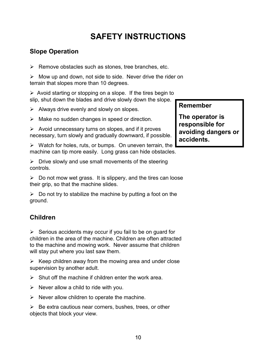 Safety instructions | Swisher ZT2560 User Manual | Page 10 / 40