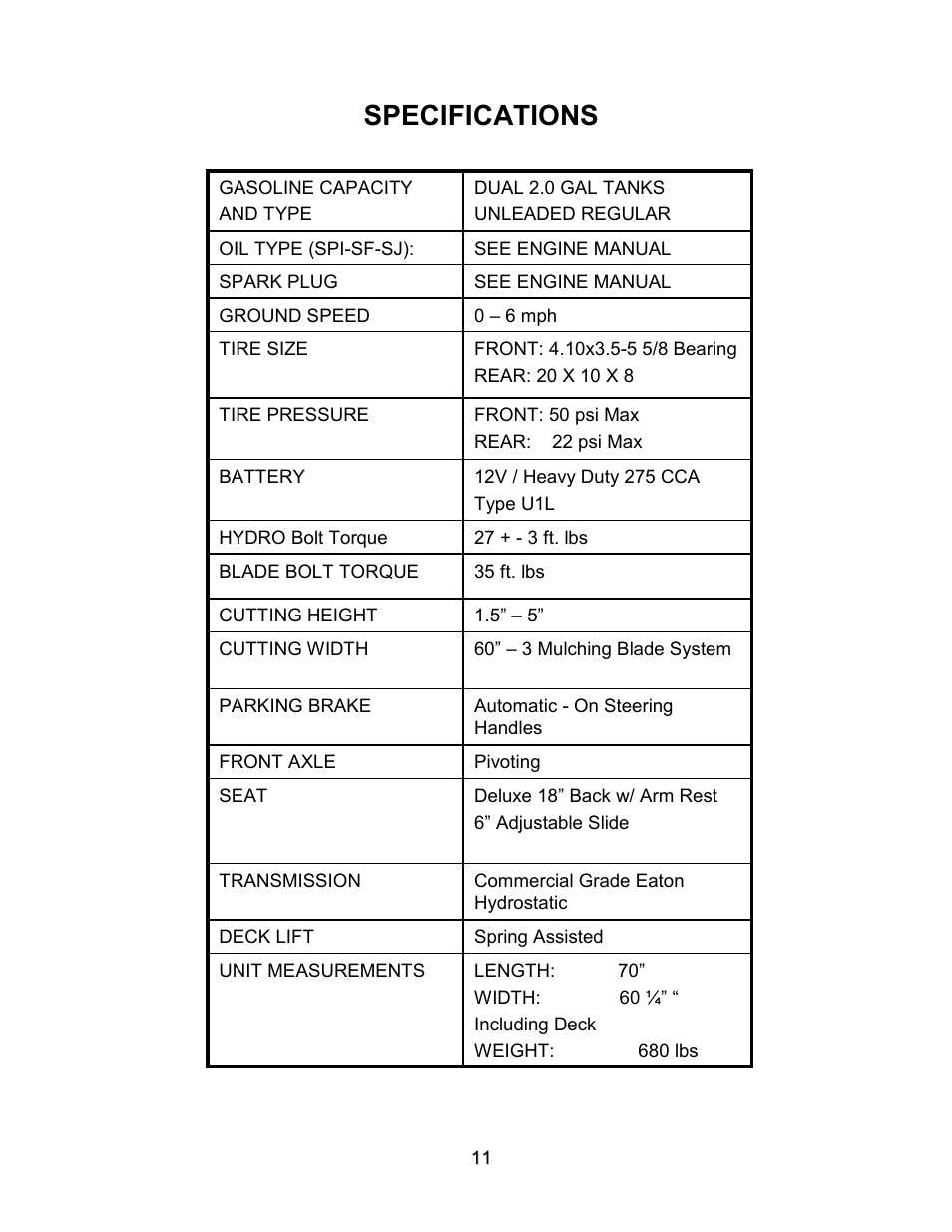 Specifications | Swisher ZT2560 User Manual | Page 11 / 40